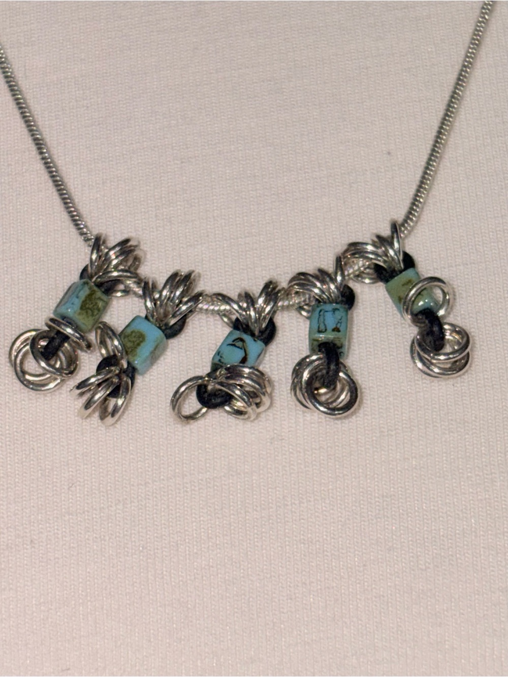 Silver Charm Bar Necklace with Turquoise Accent